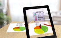 3D illustration of augmented reality with a tablet pointing an a survey paper enabling the user to take the survey online